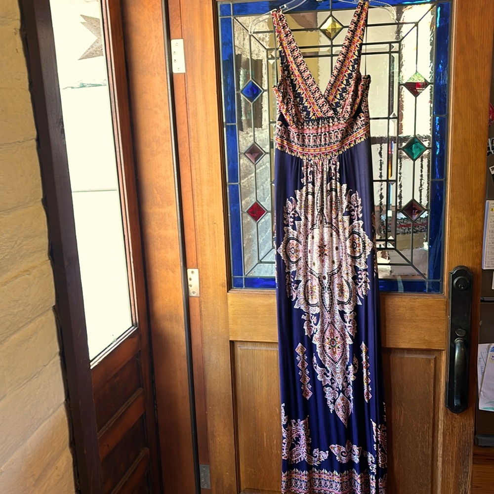 Navy blue with orange, yellow & white maxi dress.